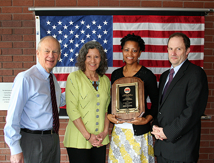 Award recipient Karone Blondin, GSA PBS Industry Relations Manager (third from left); with Bob Chamberlin, SourceAmerica CEO; Joan Smith, U.S. AbilityOne Commission staff; and Andrew Blumenfeld, GSA PBS Deputy Assistant Commissioner for Acquisition